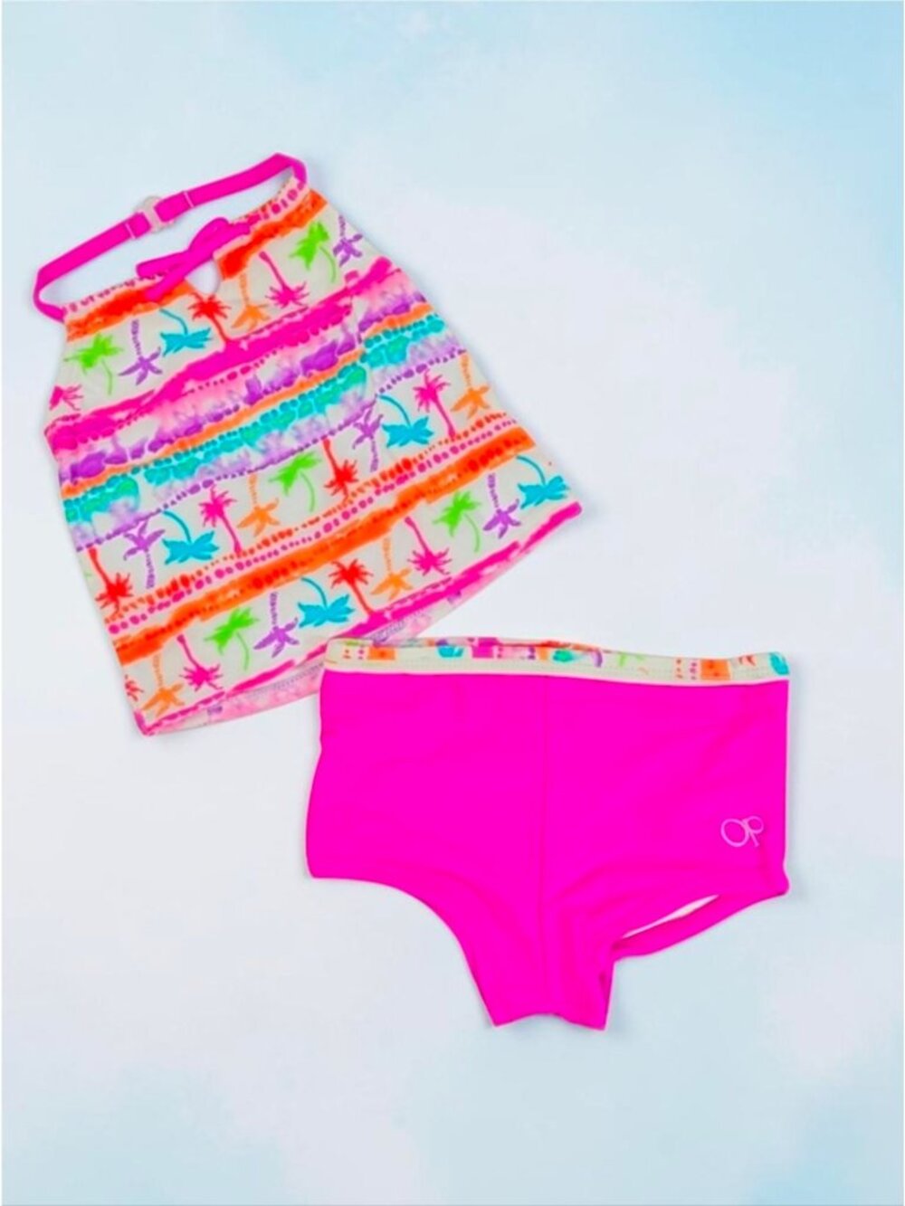 Toddler Girls 2-Piece Tankini Swimsuit Set Tropical Print & Neon Pink Bottoms Si